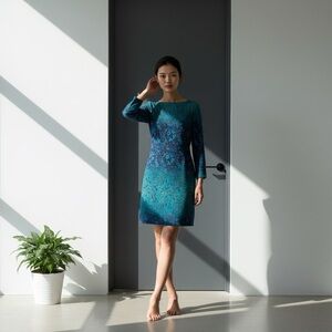 Marchesa Voyage Designer Teal Floral Long-Sleeve Midi Dress